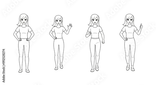 Woman Poses: Standing, Waving, Running, and Waving Again - Line Art Animation Frames