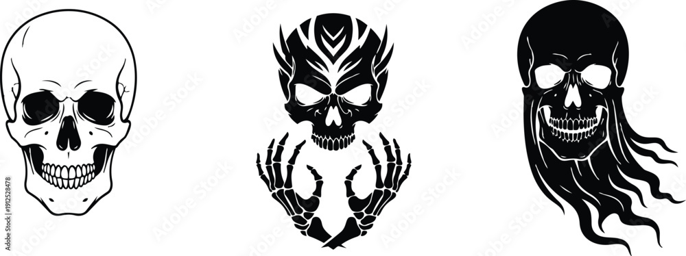 Fototapeta premium Black and white skull silhouette set with ghost and reaper hands vector design