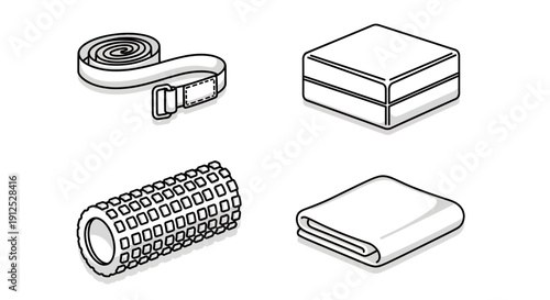 Yoga and Fitness Accessories: Roller, Blocks, Strap, and Towel - Isometric Line Art