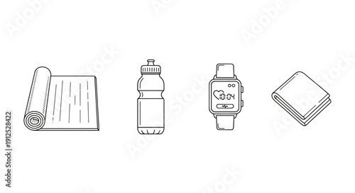 Yoga Mat, Water Bottle, Smartwatch, Towel Icons: Fitness and Healthy Lifestyle Essentials