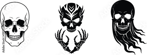 Black and white skull silhouette set with ghost and reaper hands vector design