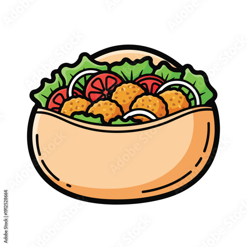 A stylized illustration of a pita stuffed with crispy falafel