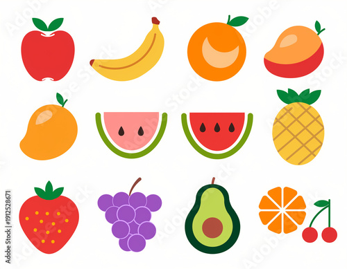 Wallpaper Mural Fresh Fruit Icon Set Flat Design Isolated on White Background Torontodigital.ca