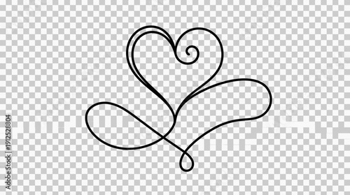 A continuous sinuous black line forming a stylized heart with a swirl and a loop