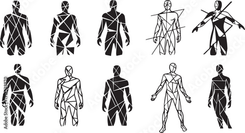 Set of advanced geometric human silhouettes and low poly polygonal body models for futuristic technology and digital identity design