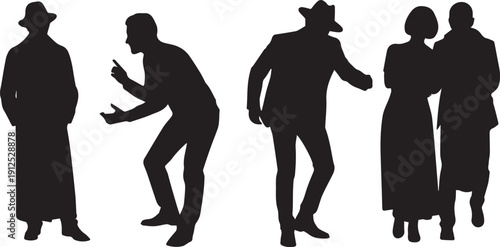 Set of lifestyle character silhouettes featuring men in coats and hats and a couple walking together in black and white