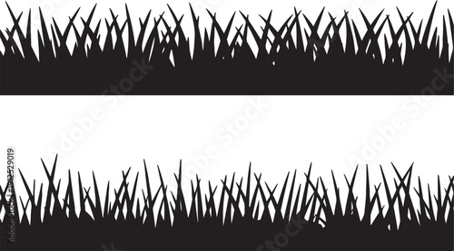 Panoramic seamless grass silhouette set for footer and landscape design. Black horizontal meadow borders isolated on white background. Vector illustration of lawn grass for banner and nature projects.