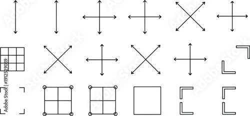 Vector Set of Measurement Guide Icons, Geometric Alignment Tools, Framing Indicators and Technical Drafting Symbols for Design Precision