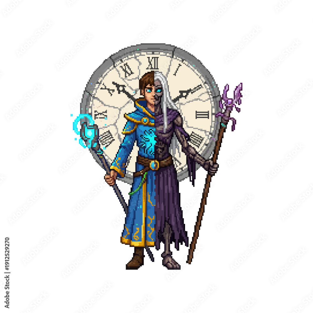Obraz premium pixel art depicting a dual-natured time mage standing before a large cracked ancient clock face.