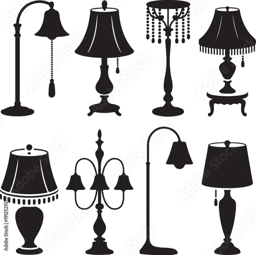 Large collection of vintage table and floor lamp silhouettes. Black ornamental lamp icons set isolated on white background. Vector illustration of classic interior lighting elements for home decor des