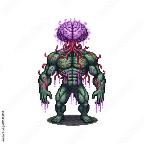 pixel art of a hulking muscular green mutant creature with a massive exposed brain head.