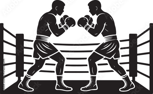 Monochrome vector illustration of two boxers engaged in a match inside a boxing ring. Black silhouette of fighters with gloves isolated on white background. Sports and competition design element.
