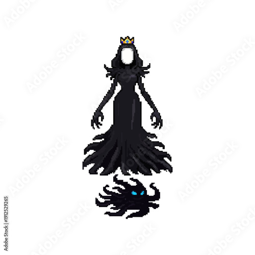 pixel art of a dark shadow queen wearing a crown with a small void ink monster.