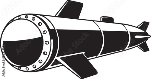Black and white line art illustration of a military torpedo or cruise missile with fins isolated on white background.
