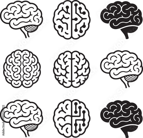 Set of human brain icons. Black silhouettes and line art of human brains isolated on white background. Symbols of intelligence, artificial intelligence, psychology, and technology. Vector illustration