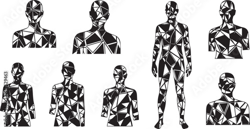 Set of futuristic low poly human silhouettes and polygonal male busts in black and white for virtual reality and technology design