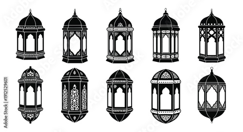 Collection of ornate black and white arabic lanterns in various styles