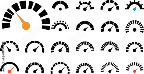 Vector Set of Performance Speedometer Gauges, Dashboard Dial Scales and Progress Indicator Meters for Analytics and Technical Monitoring Interface