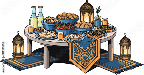 Ramadan Iftar Table Setting with Lanterns and Food.