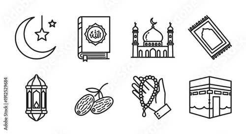 Islamic religious symbols and objects in simple line art style