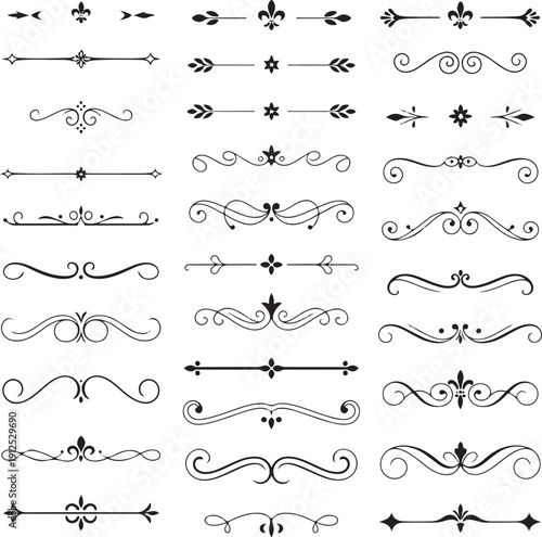 Set of vintage calligraphic design elements and page decoration. Black ornamental dividers and dashes isolated on white background. Vector text separators for wedding invitations, certificates, and cl
