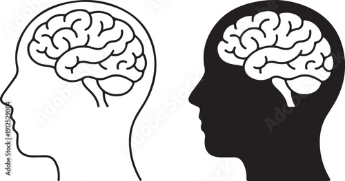 Human head profile with brain icon set in outline and solid silhouette styles, psychology, mental health, and intelligence concept isolated on white background.
