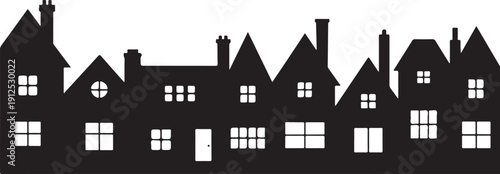 Black silhouette of residential houses and city buildings row, minimalist neighborhood cityscape isolated on white background. 