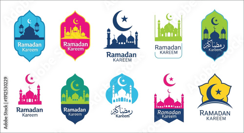 Colorful ramadan kareem islamic design elements and crescent moon symbols
