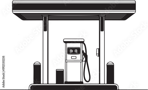 Minimalist black and white line art illustration of a gas station with fuel pump under canopy isolated on white background.