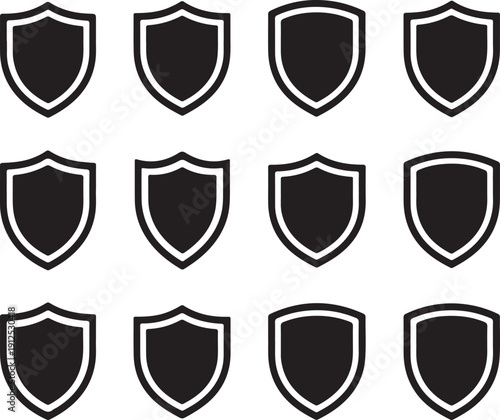 Set of black silhouette shield icons for security and protection themes, blank heraldic badge shapes isolated on white background. 