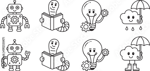 Cute hand-drawn doodle character set featuring robot, bookworm reading book, lightbulb idea, and rain cloud with umbrella for kids education and creative projects.