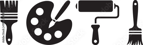 Set of black silhouette paint icons featuring paint brushes, an art palette with brush, and a paint roller isolated on white background. 