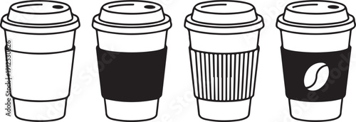 Set of disposable paper coffee cups with lids and protective sleeves, minimalist black and white line art vector isolated on white background. 