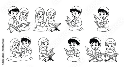 Cartoon muslim children reading the quran in a group setting