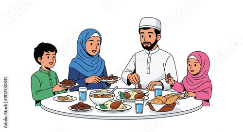 A muslim family gathers around a table sharing a meal together