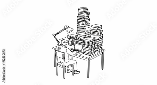 Person working at a desk overwhelmed by stacks of books and papers, illustration