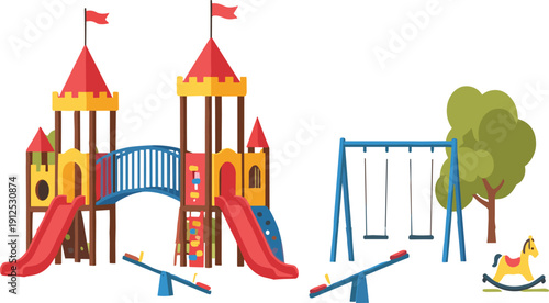 Colorful playground equipment vector illustration featuring castle slides swings seesaws and park elements for children recreation design