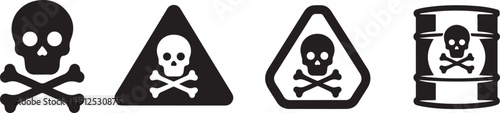 Set of poison and toxic hazard warning icons with skull and crossbones symbols isolated on white background.