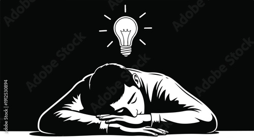 Man sleeping at desk with bright idea lightbulb glowing above his head, representing inspiration and innovation.
