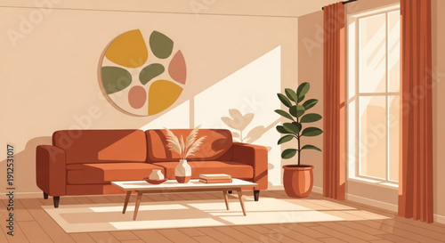 A modern living room with a vibrant orange couch and a large window letting in natural light