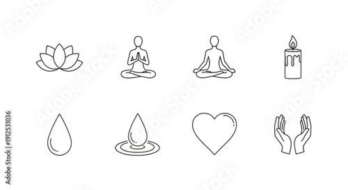 A set of minimalist line art icons representing meditation and mindfulness
