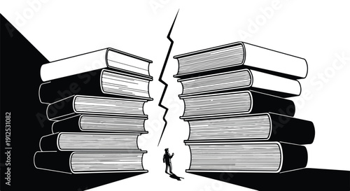 Illustrative image of a person standing between two large stacks of books, symbolizing division of knowledge or information.