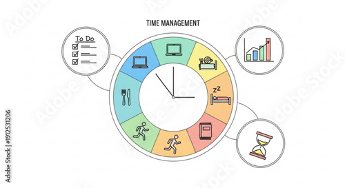 A colorful vector graphic illustrating a time management concept with a clock and various icons