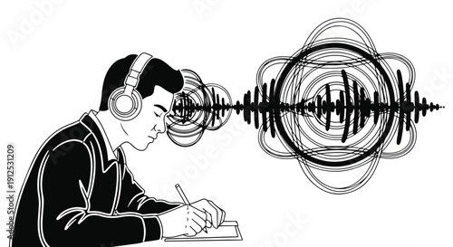 Young man with headphones listening intently to abstract audio waves while writing notes, symbolizing focus, learning, and creative thought process. Black and white illustration.