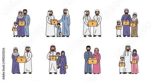 Diverse arab families holding donation boxes showing community support