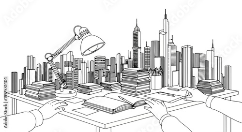Outline illustration: Hands working at a desk with books, a lamp, and a city skyline. Symbolizing urban business, education, and professional life.
