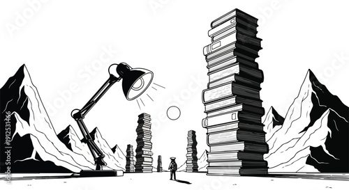 Vast landscape of knowledge with towering book stacks and a solitary figure under a giant desk lamp, symbolizing learning and discovery.