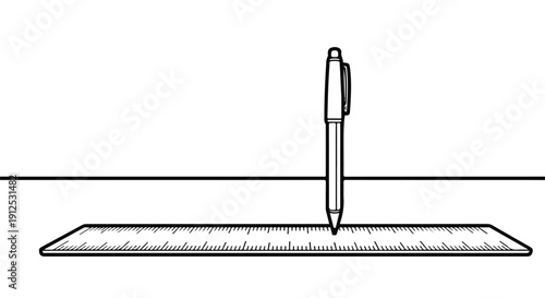A pen stands upright on a ruler, illustrating measurement, precision, and the concept of a fixed point in space.