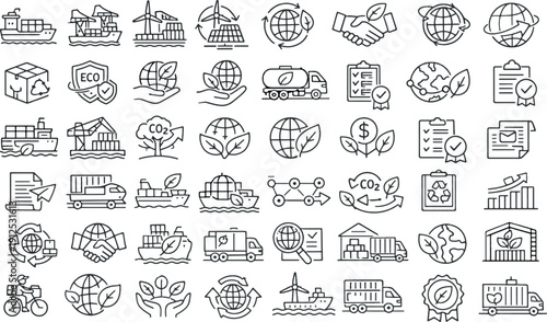 Vector Set of Sustainable International Trade Icons, Eco-Friendly Logistics Symbols and Green Supply Chain Elements for Environmental Business