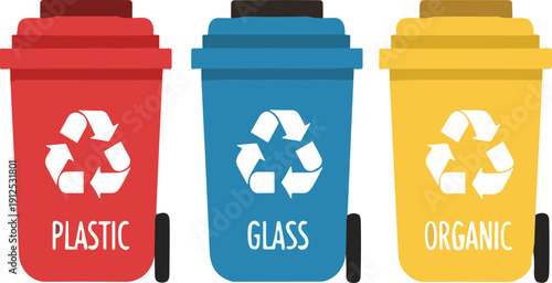 Colorful recycling bins for plastic glass and organic waste vector illustration promoting environmental protection and waste sorting